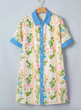 Load image into Gallery viewer, Pre-Order Multicolour Floral Print Striped Trim Button Down Shift Dress