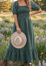 Load image into Gallery viewer, Pre-Order Green Plaid Square Neck Shirred High Waist Ruffle Hem Dress