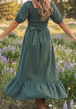 Load image into Gallery viewer, Pre-Order Green Plaid Square Neck Shirred High Waist Ruffle Hem Dress