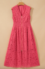 Load image into Gallery viewer, Pre-Order Coral Floral Lace Overlay Zip Up V Neck Smocked Waist Sleeveless Dress
