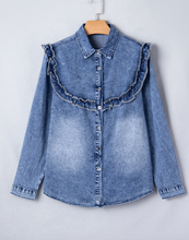 Load image into Gallery viewer, Pre-Order Dusk Blue Vintage Wash Denim Ruffle Detail Button Down Shirt