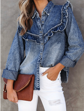 Load image into Gallery viewer, Pre-Order Dusk Blue Vintage Wash Denim Ruffle Detail Button Down Shirt
