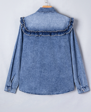 Load image into Gallery viewer, Pre-Order Dusk Blue Vintage Wash Denim Ruffle Detail Button Down Shirt