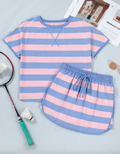 Load image into Gallery viewer, Pre-Order Blue Stripe Dolman Tee Drawstring Skort Athletic 2pcs Set