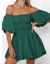 Load image into Gallery viewer, Pre-Order Green-2 Solid Color Shirred Bubble Sleeve Off Shoulder Babydoll Dress