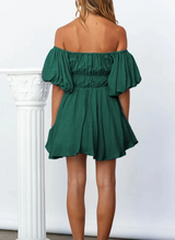 Load image into Gallery viewer, Pre-Order Green-2 Solid Color Shirred Bubble Sleeve Off Shoulder Babydoll Dress