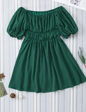 Load image into Gallery viewer, Pre-Order Green-2 Solid Color Shirred Bubble Sleeve Off Shoulder Babydoll Dress