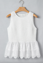 Load image into Gallery viewer, Pre-Order White Sleeveless Smocked Lace Peplum Top