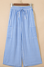 Load image into Gallery viewer, Pre-Order Sky Blue Stripe Drawstring Elastic Waist Patch Pocket Wide Leg Ankle-length Pants