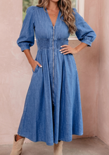 Load image into Gallery viewer, Pre-Order Blue V Neck Shirred Waist Metal Zipper Denim Midi Dress