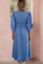 Load image into Gallery viewer, Pre-Order Blue V Neck Shirred Waist Metal Zipper Denim Midi Dress