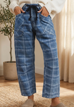 Load image into Gallery viewer, Pre-Order Sky Blue Plaid Denim Grommet Drawstring Waist Ankle-Length Jeans