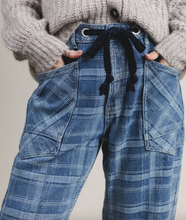 Load image into Gallery viewer, Pre-Order Sky Blue Plaid Denim Grommet Drawstring Waist Ankle-Length Jeans