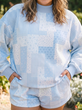 Load image into Gallery viewer, Pre-Order Sky Blue Patchwork Floral Print Drop Shoulder Baggy Pullover Drawstring Shorts Set