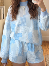 Load image into Gallery viewer, Pre-Order Sky Blue Patchwork Floral Print Drop Shoulder Baggy Pullover Drawstring Shorts Set