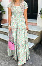 Load image into Gallery viewer, Pre-Order Green Floral Short Bubble Sleeve Shirred High Waist Maxi Dress