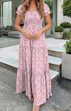 Load image into Gallery viewer, Pre-Order Green Floral Short Bubble Sleeve Shirred High Waist Maxi Dress
