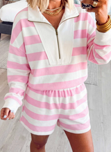 Load image into Gallery viewer, Pre-Orderr Pink Stripe Patchwork Zipper Pullover Elastic Waist Shorts 2pcs Set