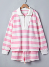 Load image into Gallery viewer, Pre-Orderr Pink Stripe Patchwork Zipper Pullover Elastic Waist Shorts 2pcs Set