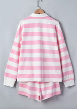 Load image into Gallery viewer, Pre-Orderr Pink Stripe Patchwork Zipper Pullover Elastic Waist Shorts 2pcs Set