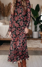 Load image into Gallery viewer, Pre-Order Black Retro Floral Print Long Sleeve Casual Mesh Dress