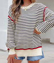 Load image into Gallery viewer, Pre-Order Black Stripe Ribbed Trim Drop Shoulder Oversized Sweater