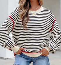 Load image into Gallery viewer, Pre-Order Black Stripe Ribbed Trim Drop Shoulder Oversized Sweater
