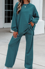 Load image into Gallery viewer, Pre-Order Green Stripe Dropped Shoulder Long Sleeve Top Elastic Waist Pants Casual 2pcs Set