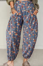 Load image into Gallery viewer, Pre-Order Beau Blue Retro Floral Print Elastic Waist Pocketed Barrel Jeans