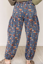 Load image into Gallery viewer, Pre-Order Beau Blue Retro Floral Print Elastic Waist Pocketed Barrel Jeans