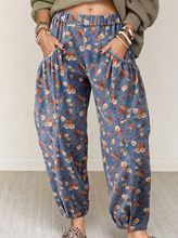 Load image into Gallery viewer, Pre-Order Beau Blue Retro Floral Print Elastic Waist Pocketed Barrel Jeans