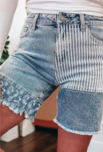 Load image into Gallery viewer, Pre-Order Sky Blue Striped Paisley Mixed Patchwork Raw Hem Denim Shorts