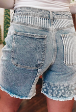 Load image into Gallery viewer, Pre-Order Sky Blue Striped Paisley Mixed Patchwork Raw Hem Denim Shorts