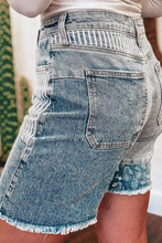 Load image into Gallery viewer, Pre-Order Sky Blue Striped Paisley Mixed Patchwork Raw Hem Denim Shorts