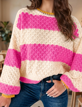 Load image into Gallery viewer, Pre-Order Pink Stripe Striped Colorblock Texture Drop Shoulder Sweater