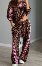 Load image into Gallery viewer, Pre-Order Brown Leopard Print Contrast Striped Detail Long Sleeve Top Pant Set