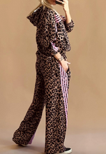Load image into Gallery viewer, Pre-Order Brown Leopard Print Contrast Striped Detail Long Sleeve Top Pant Set