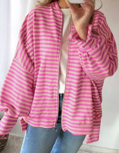 Load image into Gallery viewer, Pre-Order Pink Stripe Zip-up Puff Sleeve Zip Jacket Sweatshirt