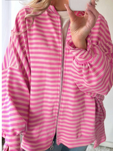 Load image into Gallery viewer, Pre-Order Pink Stripe Zip-up Puff Sleeve Zip Jacket Sweatshirt