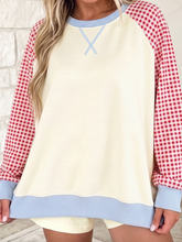 Load image into Gallery viewer, Pre-Order Beige Plaid Sleeve Colorblock Raglan Pullover Sweatshirt