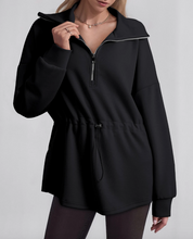 Load image into Gallery viewer, Pre-Order Black Half Zip Large Collar Drawstring Waist Pullover Sweatshirt