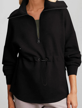 Load image into Gallery viewer, Pre-Order Black Half Zip Large Collar Drawstring Waist Pullover Sweatshirt