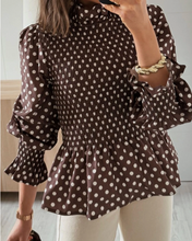 Load image into Gallery viewer, Pre-Order Brown Polka Dot Ruffled High Neck Shirred Ruffle Hem Blouse