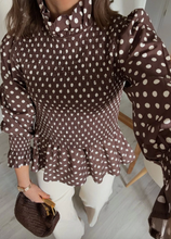 Load image into Gallery viewer, Pre-Order Brown Polka Dot Ruffled High Neck Shirred Ruffle Hem Blouse