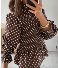 Load image into Gallery viewer, Pre-Order Brown Polka Dot Ruffled High Neck Shirred Ruffle Hem Blouse