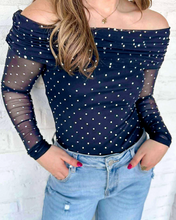 Load image into Gallery viewer, Pre-Order Blue Off Shoulder Polka Dot Mesh Long Sleeve Sheath Top