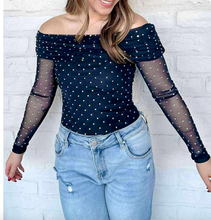Load image into Gallery viewer, Pre-Order Blue Off Shoulder Polka Dot Mesh Long Sleeve Sheath Top
