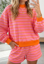 Load image into Gallery viewer, Pre-Order Rose Stripe Color Block Trim Long Sleeve Pullover Pocketed Shorts 2pcs Set