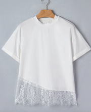 Load image into Gallery viewer, Pre-Order White Asymmetric Lace Hem Patchwork Tee