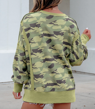Load image into Gallery viewer, Pre-Order Green Camouflage Waffle Knit Raw Edge Contrast Trim Oversized Long Sleeve Top